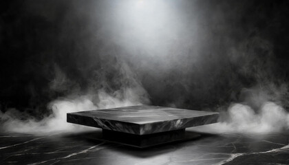 Wall Mural - Empty black marble podium table with black stone floor. Abstract pedestal for product presentation.