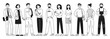 Set of characters depicting many different businessmen or office workers, multicultural concept. Person, full length. Black and white doodle style