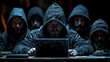 © Ai-Pixel - A group of people wearing black hoodies are sitting around a table in a dark room. They are all looking at a laptop on the table.