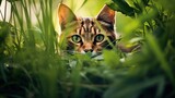 Fototapeta Londyn - A gray cat with green eyes hiding among the dense green grass and looking at the camera with a green background full of grass.