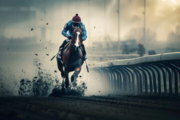 Wall Mural - Horse races, jockey and his horse goes towards finish line. Traditional European sport. 