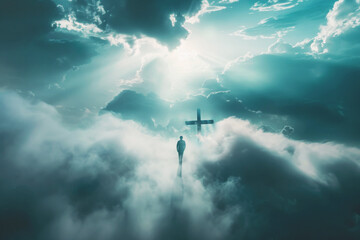 A small lonely figure of a man stands in the heaven in the clouds and sees a cross in front of him. Faith, religion god. Conversation with God. The righteous is on the true path. Hope