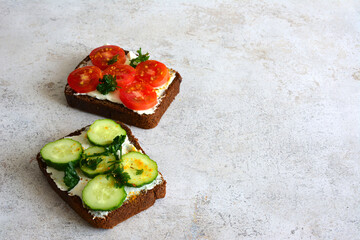 a sandwich with tomatoes and cucumber slices copy space 