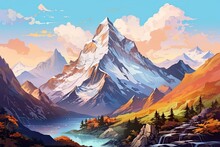 Majestic Mountain Peak Landscape Background. Beautiful Sunset Or Sunrise View With Snowy Summit, Blue Sky, And Green Mountains