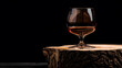 Snifter of brandy on a old wooden snag Black background with copy space Selective focus : Generative AI