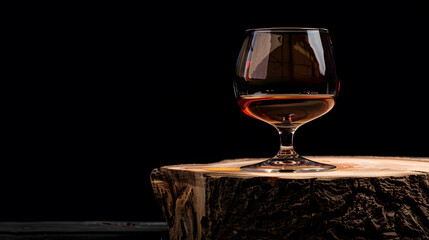 Poster - Snifter of brandy on a old wooden snag Black background with copy space Selective focus : Generative AI