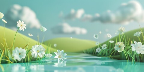 3d wallpaper, cute, Minimalist spring stream grass simple, grass, cute landscape, aspect ratio 2:1