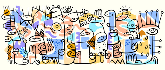 Wall Mural - Group of abstract face portrait cubism art style, decorative, line art hand drawn vector illustration. Design for wall art, decoration, poster and print.