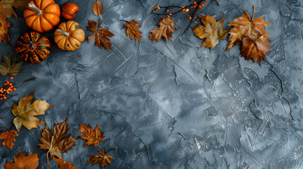 Aufkleber - Thanksgiving and Autumn decoration concept made from autumn leaves and pumpkin on stone background Flat lay top view with copy space : Generative AI