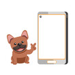 Cartoon character cute brown french bulldog and smartphone for design.