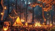Cozy autumn campsite with a tent campfire