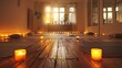 Candlelit yoga studio with warm wooden floors and soft mats