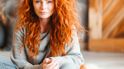 Wall Mural - A woman with red hair is sitting on a rug in a living room