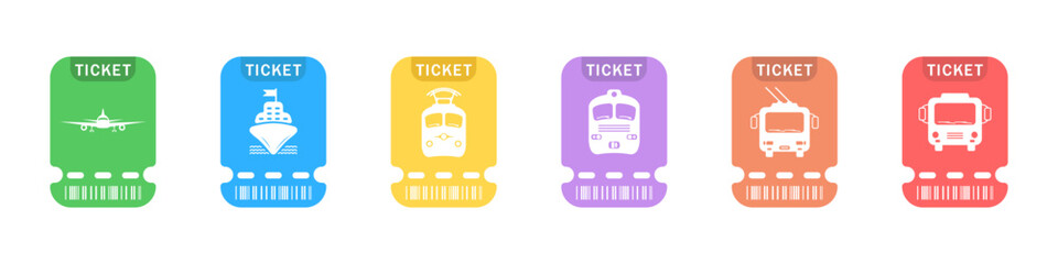 Poster - Set of color tickets for public transport vector. Payment cards in transport Travel tickets for, plane, train, bus, ship. Black icons of tourist tickets for pass transport. Ticket booking for tourism.