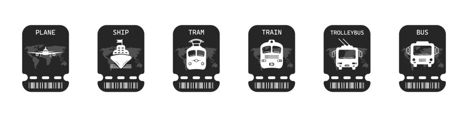 Poster - Set of tickets for public transport vector. Payment cards in transport Travel tickets for, plane, train, bus, ship. Black icons of tourist tickets for pass transport. Ticket booking for tourism.