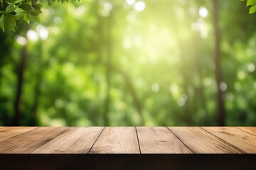 Wall Mural - Blank Platform, Brown Wooden Table with Spring Leaves Green Nature Blur Background