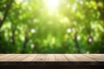 Wall Mural - Blank Platform, Brown Wooden Table with Spring Leaves Green Nature Blur Background