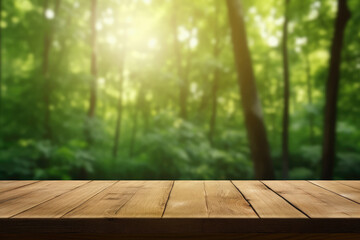 Wall Mural - Blank Platform, Brown Wooden Table with Spring Leaves Green Nature Blur Background