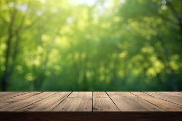 Wall Mural - Blank Platform, Brown Wooden Table with Spring Leaves Green Nature Blur Background