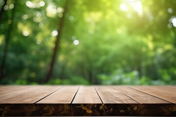 Wall Mural - Blank Platform, Brown Wooden Table with Spring Leaves Green Nature Blur Background