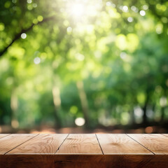 Wall Mural - Blank Platform, Brown Wooden Table with Spring Leaves Green Nature Blur Background