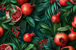 Ripe red pomegranate fruits with green leaves on vibrant green background, realistic 3D illustration