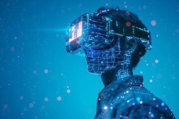 Poster - Man wearing virtual reality headset, with holographic elements around