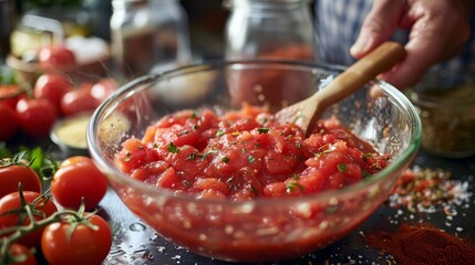 tomatoes pureed in a glass bowl, with a hand holding a wooden spoon stirring the mixture