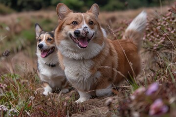 Two happy corgi dogs playing joyfully in a beautiful grassy field on a sunny day