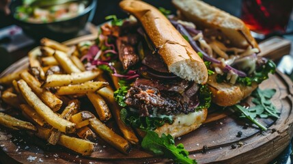 Wall Mural - Grilled beef sandwich served with fries and mixed greens