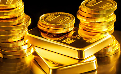 shiny gold bars and coins, likely representing wealth, investment, or financial success, with a soft focus and a dark background that highlights their luster