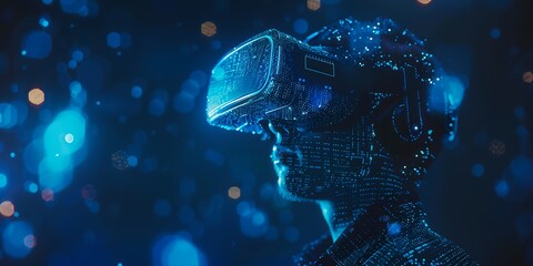 Poster - Man wearing virtual reality headset, with holographic elements around