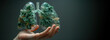 Human hand holding green transparent lungs, ecological concept, banner with copy space