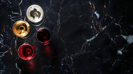 Poster - Glasses with  red white  and rose wine on black marble background View above  Copy space : Generative AI