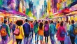 Crowd of people panorama, abstract watercolor painting with bright and bold colors, meeting on the street. Beautiful artistic image for poster, wallpaper, art print.