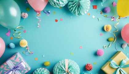 photo of colorful birthday decor with balloons, presents and party items on a blue background