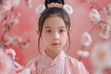 A young girl wearing a pink dress and a flower headband is standing in front of a pink background