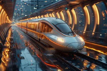 Poster - An ultra-modern bullet train speeds through a glowing futuristic tunnel, showcasing innovation in public transportation and technology