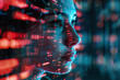 Close-up of Cyber-inspired portrait of a woman with digital code interface and glowing neon lines, representing futuristic virtual reality