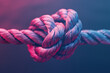 close-up Tightly intertwined ropes in a knot, gradient of pink to blue hues, symbolizing strength, connection, and unity on a dark, reflective background