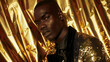 © Justlight - A confident and stylish black man poses against a backdrop of metallic gold his suit jacket adorned with shimmering sequins and his expression radiating sophistication. This image .