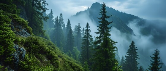 pine trees in a foggy forest in the mountains nature landscape panoramic view