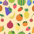 © Rina Design - Seamless pattern with different fruits - apple, raspberry, pear, strawberry, mango, banana, plum, blueberry and others. Vector flat style