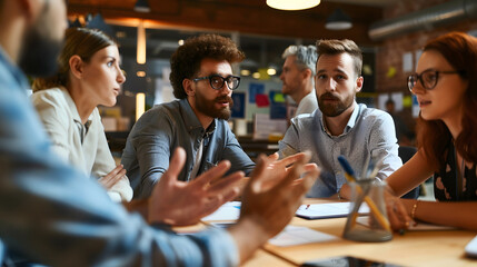 Poster - Professional project managers group negotiating in boardroom at meeting Boss discussing with creative team the concept of business strategy in their project Fun at work Copy space : Generative AI