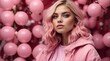 caucasian girl pink theme fashion generation-z influencer posing for ad product promotion from Generative AI