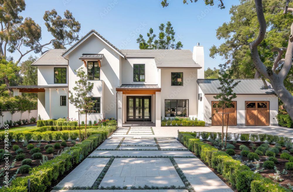 A white craftsman style home with large windows and black trim. An ...