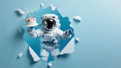 An astronaut celebrates with a cake popping through a torn paper giving a feeling of joy