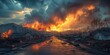 town burning by wildfire with flame black cloud and smoke, climate change crisis and extreme weather concept, Generative Ai