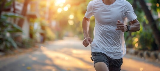 Wall Mural - Energetic asian male engaged in a refreshing run for physical fitness and overall well being