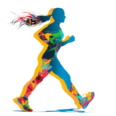 Cut out female race walking athlete or runner in motion, paint coloured style.